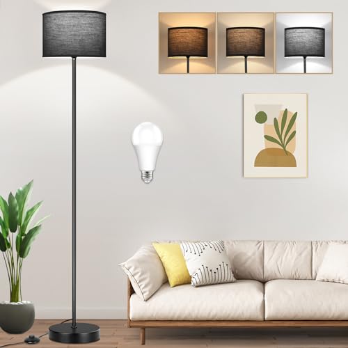 TOBUSA 65’’ Black Floor Lamp for Bedroom, Living Room Pole Floor Light with Black Shade, Modern Tall Standing Lamp with 3-Color Changing E26 Bulbs, Minimalist Stand-up LED Floor Lamp with Foot Pedal - color: Black+Black(Shade)