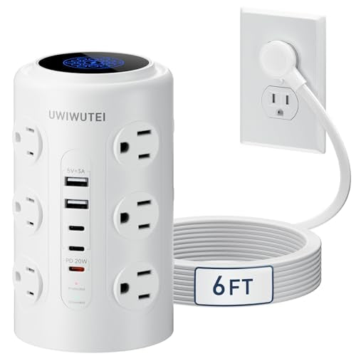 6FT Tower Power Strip with Dedicated 20W PD USB-C Port - color: White, size: 6FT