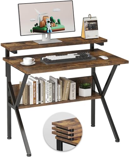 COTUBLR Small Desk, 27.5 Inch Small Computer Desk for Small Spaces, Computer Desk with Adjustable Monitor Stand, Compact Desk with Storage, Tiny Desk Study Desk for Bedroom Home Office, Rustic Brown - color: Rustic Brown