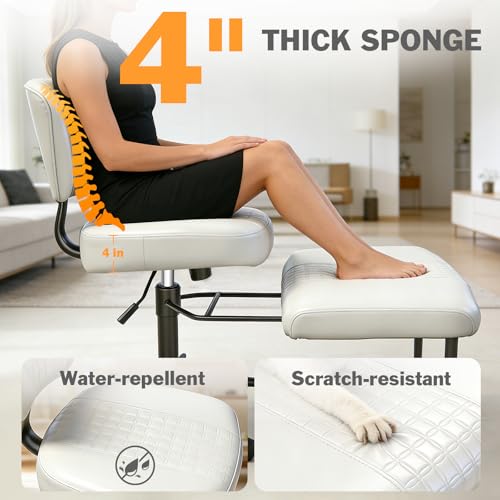 Meditation Chair with Footrest, 360° Swivel Height Adjustable Criss Cross Chair, White PU Padded Wide Seat, Home Office Desk Chair for Reading, Yoga, Peaceful Living - color: White