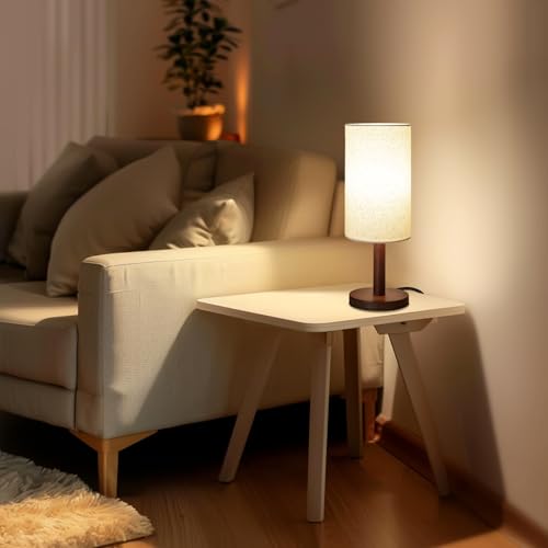 LALISU Small Table Lamp，Nightstand Lamp Wood Base Bedside Lamp Plug in - color: Black-Walnut Wood