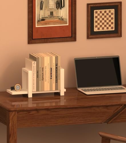 100% Solid Wood Adjustable Desktop Bookshelf, Retro Tabletop Bookshelf, Desk Shelf for Living Room, Home, Office, Perfect for Magazine, Books, Cookbooks, No Tools Required to Assemble (White) - color: White