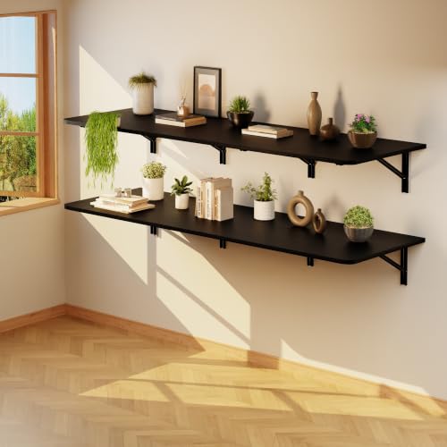 IAE Wall Mounted Folding Desk,Floating Computer Desk for Small Spaces,Black | 72x22in engineered wood desktop with metal brackets, folds flat to save space in home office, apartment and laundry room - color: Black, size: 72"*22"