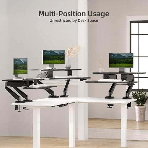 Claiks 24-Inch Sit-Stand Workstation，Innovative Space-Saving Height-Adjustable Ergonomic Desk Converter with Wide Keyboard Tray，Dual Fixation and Flexible Rotation Function, Black - color: Black, size: 24 inch