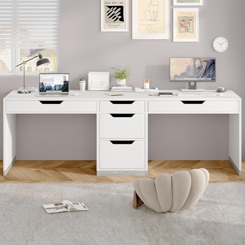 MaverickFurni 78" Two Person Desk with 5 Drawer, Long Desk with File Drawer | Double Desk for 2 People, 2 Person Desk Writing Table for Home Office, Long Computer Desk with Storage, White - color: Farmhouse White