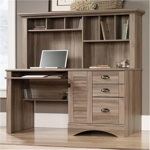BOWERY HILL Wood Home Office Desk with Hutch, Salt Oak Finish, 3 Drawers, File Storage, Slide-Out Keyboard Shelf, Cubbyhole and Vertical Storage, 57.52" H x 62.13" W x 23.39" D