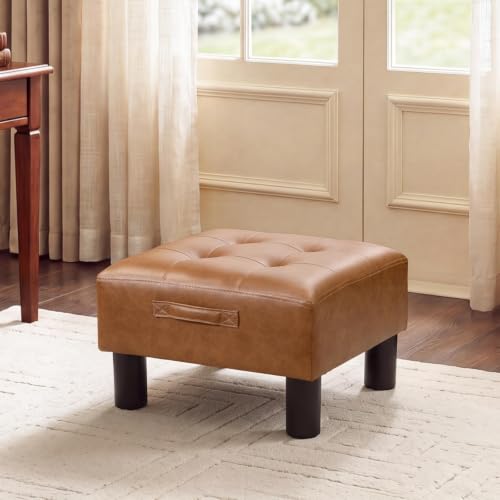 Joveco Small Ottoman Foot Stool,15" Square Upholstered Foot Rest with Legs - color: Caramel Brown