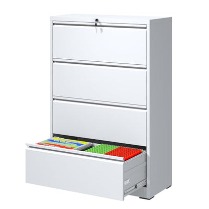 4 Drawer File Cabinet with Lock, Metal Lateral Filing Cabinets - color: White, size: 4 Drawer_ 26"W