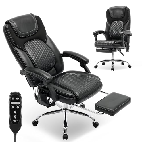 MALOL 300 lbs Big and Tall Massage Office Chair - 3-Level 65°C Targeted Heating, Easy Assembly Leather Desk Chair with Heat and Footrest, Executive Computer Chair with Side Pocket, Black - color: Black, size: set of 1