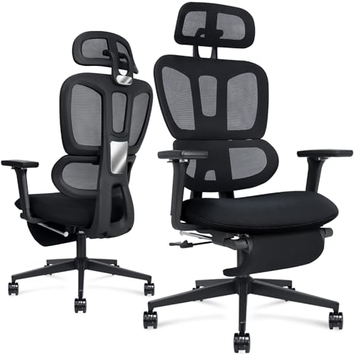 Ergonomic Mesh Office Chair with Retractable Footrest - High Back Computer Chair with Lumbar Support, Adjustable Armrests and Headrest - Adult Multifunctional Home Office Chair, Black - color: Black