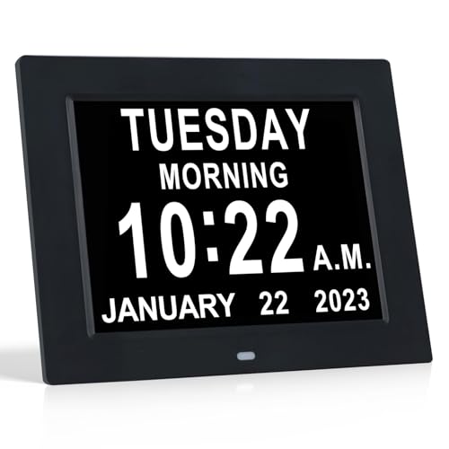 TMC Dementia Clocks for Seniors，8 in Senior Clocks，Medicine Reminders with Alarms，Digital Clock for Bedroom, Entryway, Living Room, Study with SD Card Slot (Black) - color: 8" -12 Alarm- Black