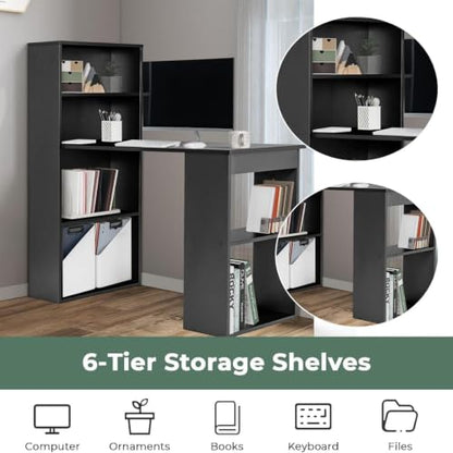 Tangkula Computer Desk with Bookshelf, Writing Study Desk with Storage Shelves & CPU Stand, Modern Compact Computer Workstation for Home & Office, Space-Saving Design (Black) | Bookcase Desk w/Bookshelf Storage Shelves & CPU Stand, Space-Saving Design Mod