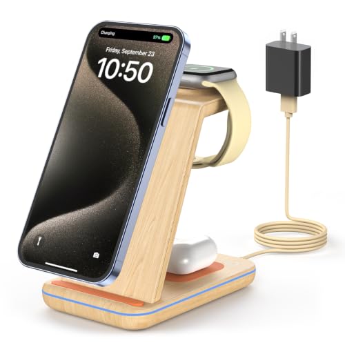 GEEKERA 3-in-1 Wireless Charging Station for iPhone, Watch & AirPods | Wireless Charger Stand for iPhone 8-17, Apple Watch 2-11, AirPods Pro/4/3/2, Charging Dock for Office or Nightstand. - color: Light Wood Color