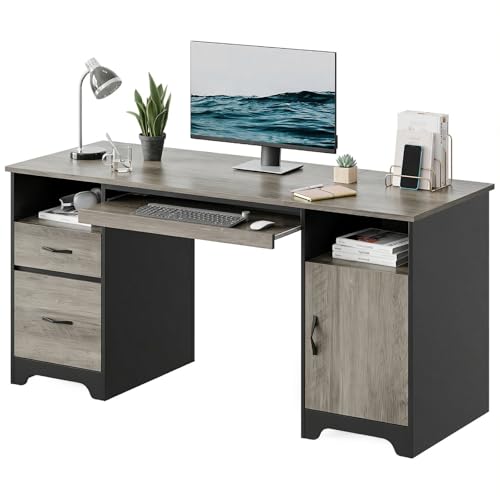 Bestier 59" Executive Desk, File Drawer, Keyboard Tray & 2 Drawers, Gray | File Drawer For Letter/A4/Legal Folders, 2 Storage Drawers, Keyboard Tray, Cable Management, 200 LBS Capacity, Wood Finish - color: Gray&black
