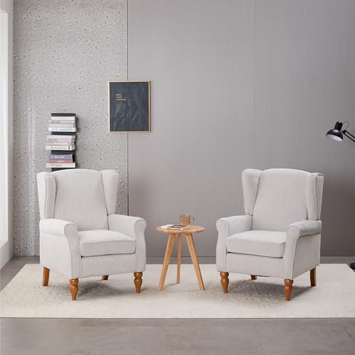 Mid-Century High Wingback Chair,Modern Fabric Accent Chair Armchair with Solid Wood Coffee Table Set,Leisure Single Sofa Chair for Living Room,Club,Home Reception,Beige - color: Beige.