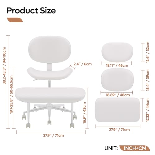 Cross Legged Office Chair with Wheels for ADHD, Ergonomic 360° Swivel Height-Adjustable Meditation Chair for Yoga, Wide Kneeling Chair with Strong Lumbar Support, PU Leather, Off White - color: Off White-pu