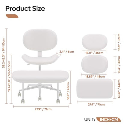 Cross Legged Office Chair with Wheels for ADHD, Ergonomic 360° Swivel Height-Adjustable Meditation Chair for Yoga, Wide Kneeling Chair with Strong Lumbar Support, PU Leather, Off White - color: Off White-pu