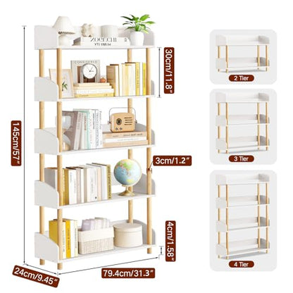 5-Tier Wooden Bookshelf, Modern Open Bookcase with Solid Wood Frame and Top Edge, Sturdy Freestanding Storage Organizer for Living Room, Bedroom, Home Office (White)