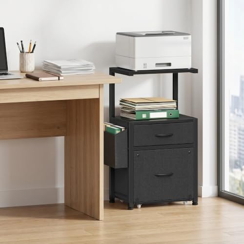 HIGDBFE File Cabinet with 2 Fabric Drawers & Dual Shelves, Black | 2-Tier Printer Storage, Letter File Drawer, Reversible Side Bag, Smooth Drawer Slides, Rolling Support Board Prevent Collapse - color: Black