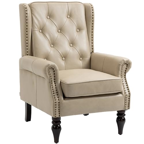 Mid-Century Wingback Chair, PU Leather Accent Chair with Buttons, Modern Living Room Lounge Sofa Chair with Rivet Decoration,Single Club Armchair for Bedroom Home Reception(PU Camel) - color: Pu Camel