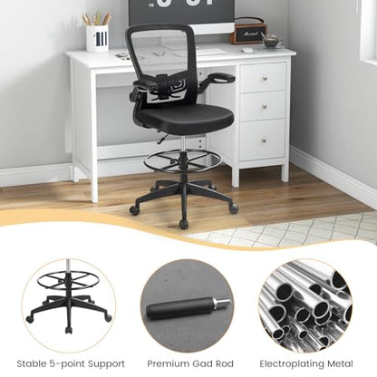 COSTWAY Drafting Chair with Flip-up Armrests & Adjustable Foot Ring, 1 Pack - color: Black