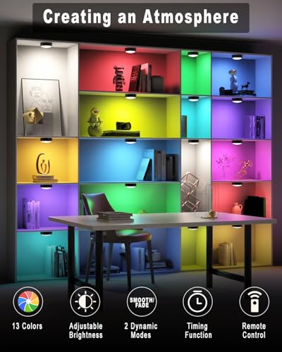 HELPLEX Puck Lights, 16 Colors Changeable Under Cabinet Lights Battery Powered Dimmable LED Puck lightings Under Counter Lights, with 2 Remote Controls, Timing Function, 18 AA Batteries - color: Black, size: 6 Pack With Battery