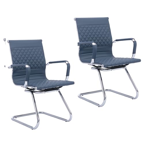 Set of 2 PU Leather Office Guest Chairs, Navy Blue | Padded Arms, Stationary Reception Desk Chair No Wheels, Sled Base Side Chair for Conference Room, Meeting Room or Lobby - color: Navy Blue