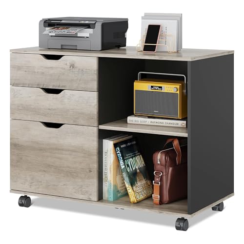 DEVAISE 3-Drawer Wood File Cabinet, Mobile Lateral Filing Cabinet, Printer Stand with Open Storage Shelves for Home Office, Greige | Mobile Printer Stand, Open Storage Shelves, Letter & A4 Compatible, Wood, Home Office - color: Greige