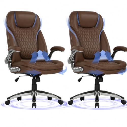 COLAMY High Back Executive Office Chairs Set of 2, Ergonomic PU Leather Desk Chairs with Flip-Up Armrests, Adjustable Height, Lumbar Support, Comfortable Computer Chairs for Home Office, Brown - color: Brown, size: set of 2
