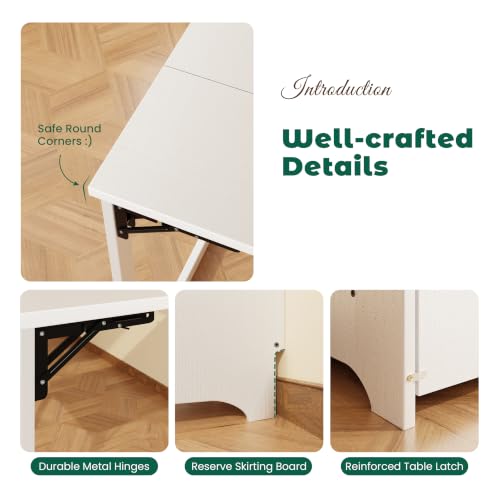 HDDFER Folding Desk with Built-in Outlet,for Small Spaces,Hidden Desk with Storage Shelf, Foldable Computer Desk for Bedroom Home Office, Mid Century Modern Fold Out Table Writing Table, White - color: White
