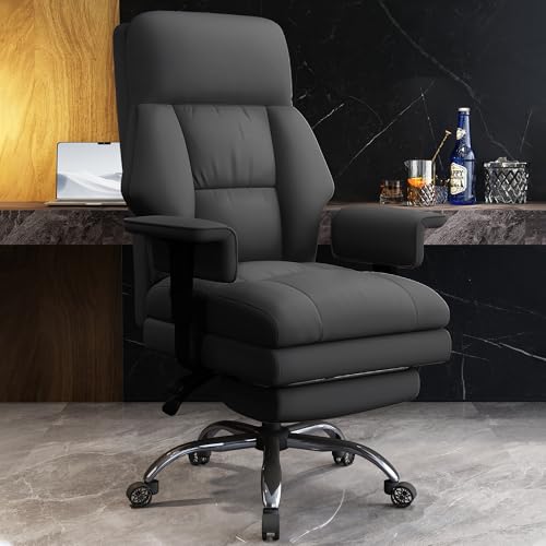 Office Chair with Leg Rest, Leather High Back Executive Office Chair with Wheels, Ergonomic Desk Chairs with Lumbar Support for Home Office, Beige - color: Dark Black