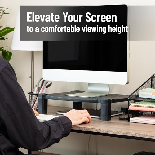 Mind Reader Monitor Stand, Height Adjustable, Desktop Organizer, Laptop Riser, Office, 17.25"L x 13.25"W x 4"H, Black - style: Monitor Stand