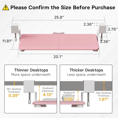 BONTEC Under Desk Keyboard Tray, Pull-Out Keyboard & Mouse Platform | C-Clamp Mount, Space-Saving Ergonomic Slide-Out Drawer, 31.3 in Including Clamps, 20 x 11.8 in Tray, Pink - color: Pink, size: 20" x 11.8"