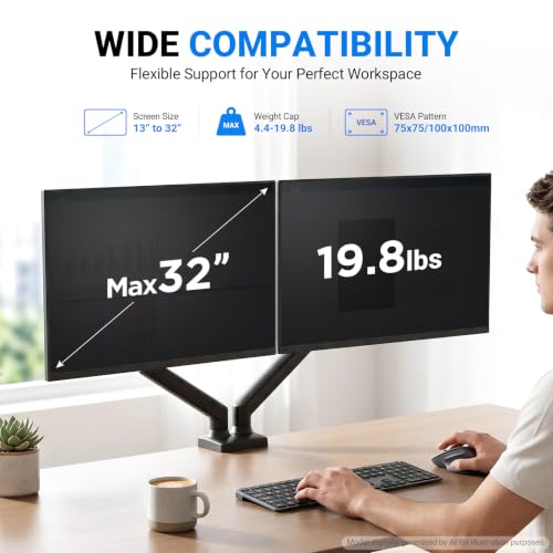 GRIFEMA Gas Spring Monitor Mount for 13-32″, Dual Monitor Arm, Easy Install | Full Motion Adjustable 360° Rotate Swivel Tilt, Up to 19.8 Lbs Each, VESA 75/100mm, Monitor Stand for Home Office Gaming Desk - size: Dual Arm