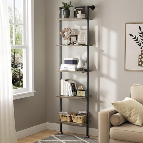 5-Tier Ladder Shelf, Tall Narrow Bookcase for Small Spaces, Book Storage Organizer Case Open Shelves for Living Room, Home Office, Study, Industrial Style Black Metal Frame and Gray Shelf - color: Black+gray