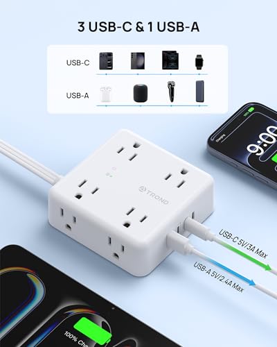 TROND 360° Rotating Flat Plug Power Strip 5ft, 8 AC & 4 USB (3C1U), White - color: White, size: 5FT, style: Rotating Plug-3C1U