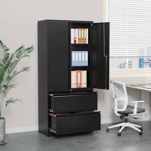 2 Drawer Lateral File Cabinet, Office Storage Cabinet with 2 Wide&Deep Drawers and Locking Doors, Black Metal Cabinet with Adjustable Shelves for Home Office, Fits A4/Letter/Legal Size Folders