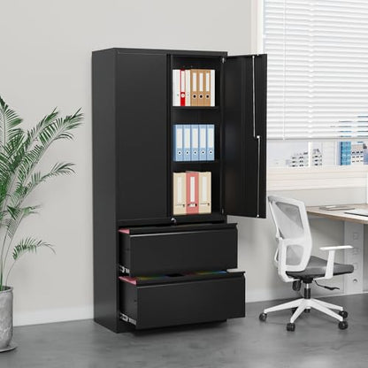 2 Drawer Lateral File Cabinet, Office Storage Cabinet with 2 Wide&Deep Drawers and Locking Doors, Black Metal Cabinet with Adjustable Shelves for Home Office, Fits A4/Letter/Legal Size Folders