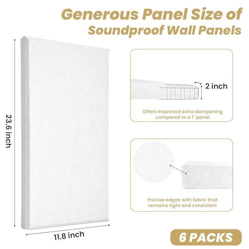 6 PCS Acoustic Panels, Large Soundproof Wall Panels, 2" Thick Fiberglass Sound Absorbing Panels, 23.6x11.8 Inches Sound Proof Foam Panels for Walls, Studio Home Offices (White) - color: White