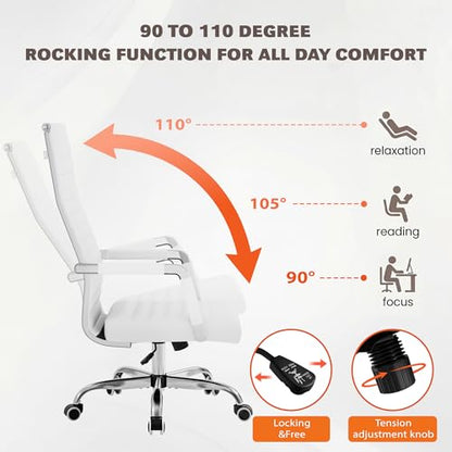 Furmax Ribbed Office Chair High Back PU Leather Executive Conference Chair Adjustable Swivel Chair with Arms (White) - color: White