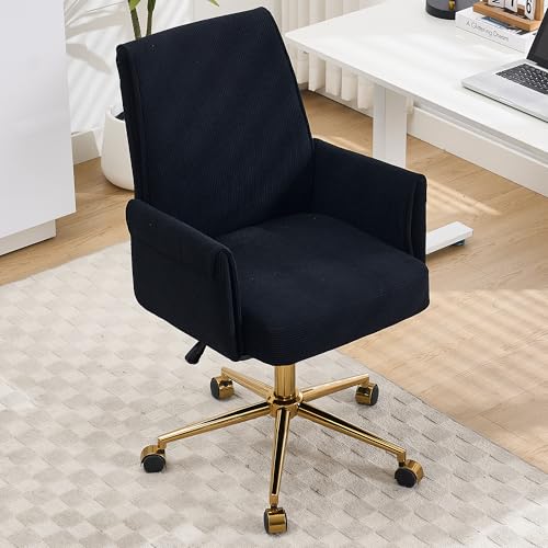 YITAI Stripes Velvet 360°Swivel Desk Chair, Modern Height Adjustable Home Office Armchair with Gold Base and Wheels for Vanity, Comfy Computer Chair for Study Living Room Bedroom（Black） - color: Black