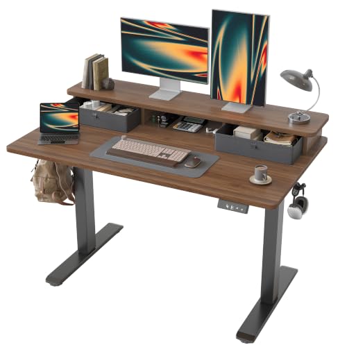 TIQLAB 48 * 24 inch Standing Desk with Two Drawers&Top Shelf, Black Walnut | Smooth Height Adjustment, 2 Memory Presets, One-Touch Control, Stable Steel Frame, 176 lbs Capacity, Easy Assembly - color: Black Walnut, size: 47*24 inch without keyboard tray