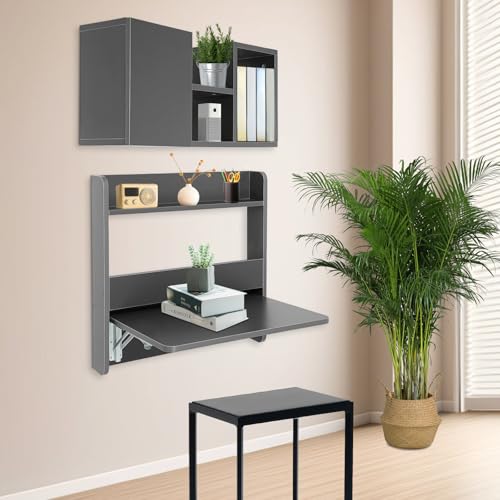 Wall Mounted Folding Table with Booksheves,Floating Desk with Bookcase,Wooden Fold Down Laptop Table for Small Space,Home Office, Bedroom,Study Room,Dorm,Grey - color: Grey
