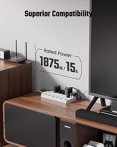 SUPERDANNY 18 AC Power Strip Surge Protector, 6.5FT, Flat Plug, 1875W/15A - color: White, size: 6.5 FT