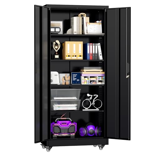 Superday Garage Storage Cabinet with Wheels，73" H Metal Storage Cabinet with Doors and Adjustable Shelves, Lockable Steel Utility Tool Cabinets for Garage, Home Office, Kitchen(Black) - color: Black, style: 73" H