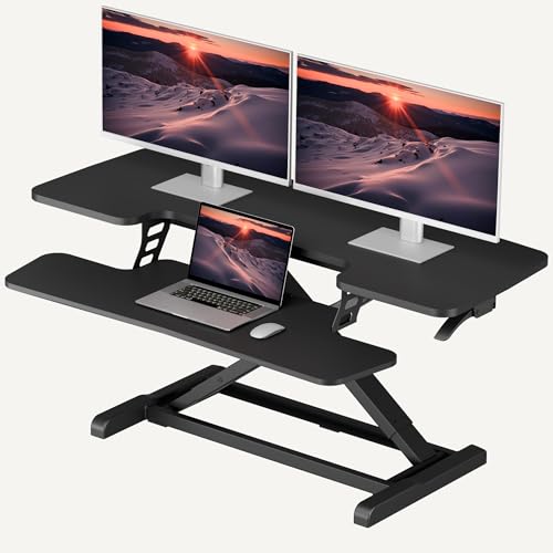 SANODESK 42" Extra Large Standing Desk Converter, Height Adjustable Sit Stand Riser with Wide Keyboard Tray, Dual Monitor Workstation for Home Office, Ergonomic Desktop Riser, Black - color: Black, size: 42"