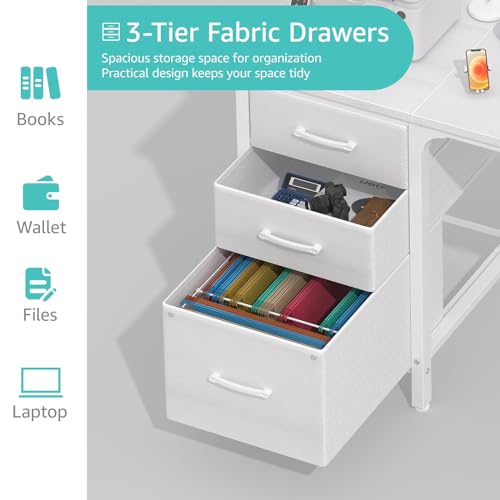 Lufeiya White Desk with File Drawers Cabinet, 47 Inch Reversible Computer Desk with Fabric Filing Cabinet for Bedroom Small Space Home Office, Modern Writing Table PC Desks, White - color: White, size: 46.6"