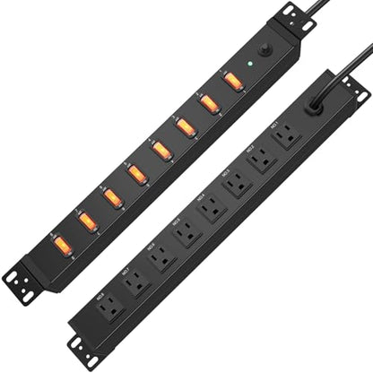 HHSOET 8 Outlet PDU Power Strip, 1U Rack Surge Protection, 6FT, Black, 1 | Metal Mountable Outlet with Independent Switch, for Network Server Audio Equipment Racks, 1200J - size: 6ft