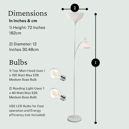 LIGHTACCENTS Floor Lamp with White Plastic Shades, Adjustable Standing Lamp, Reading Light, Head Lamp, Ideal Floor Lamps for Living Room, Measures 12x12x72 inches - color: White Reading Lamp