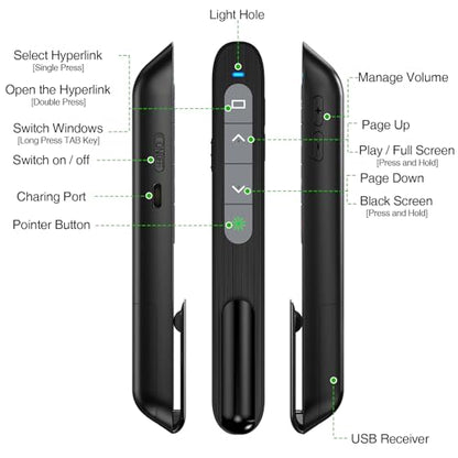 USB C Rechargeable Presentation Clicker with Green Light, Remote Clicker for Presentations Wireless Presenter Slide Changer PPT Advancer with Volume Control for Laptop Computer - color: Green L+Rechargeable